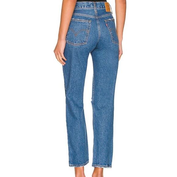 Levi's Wedgie Straight Leg Distressed High Rise Jeans Oxnard Drive Dark Blue 31 - Picture 4 of 13